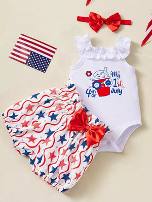 Patriotic baby outfit: white ruffled bodysuit with "My 1st July" graphic, star print bloomer shorts with red bow, and red
