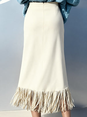 Slit High-Waisted Fringe Midi Skirt in Off White with fringe