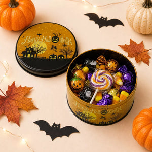 Tin in golden yellow featuring Halloween theme and round fit