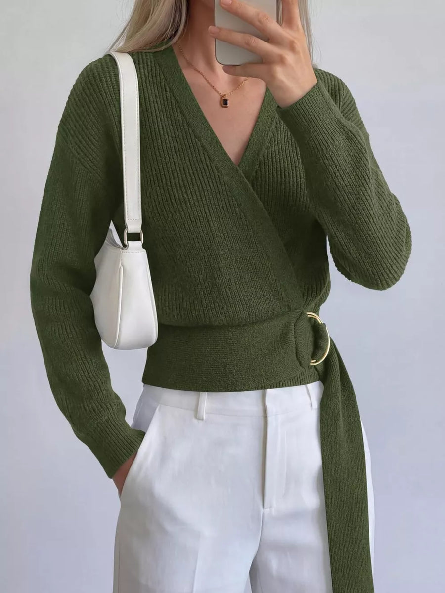 modern wrap sweater in Caramel with v-neck