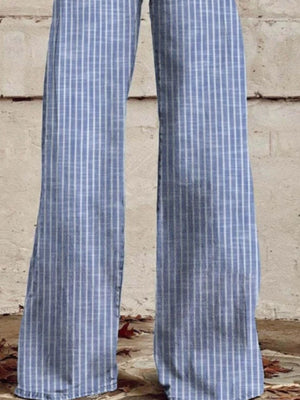 Light blue pinstripe wide-leg jeans with pockets