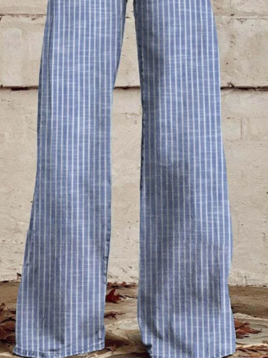 Light blue pinstripe wide-leg jeans with pockets