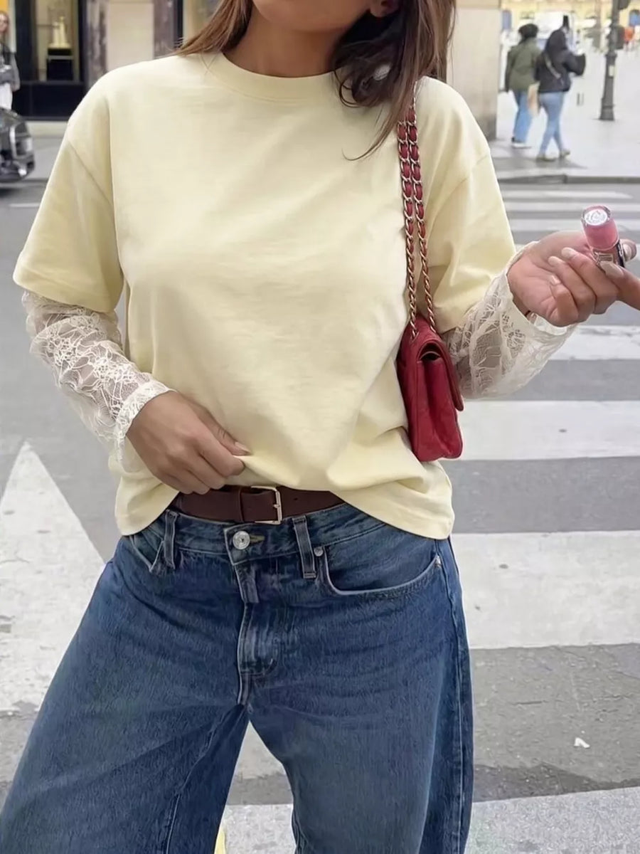 Yellow with Lace Sleeve Round Neck T-shirt