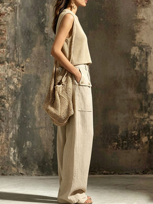 85% polyester, 15% linen Care instructions: Machine wash cold crop top and cargo pants set in Khaki with relaxed silhouette