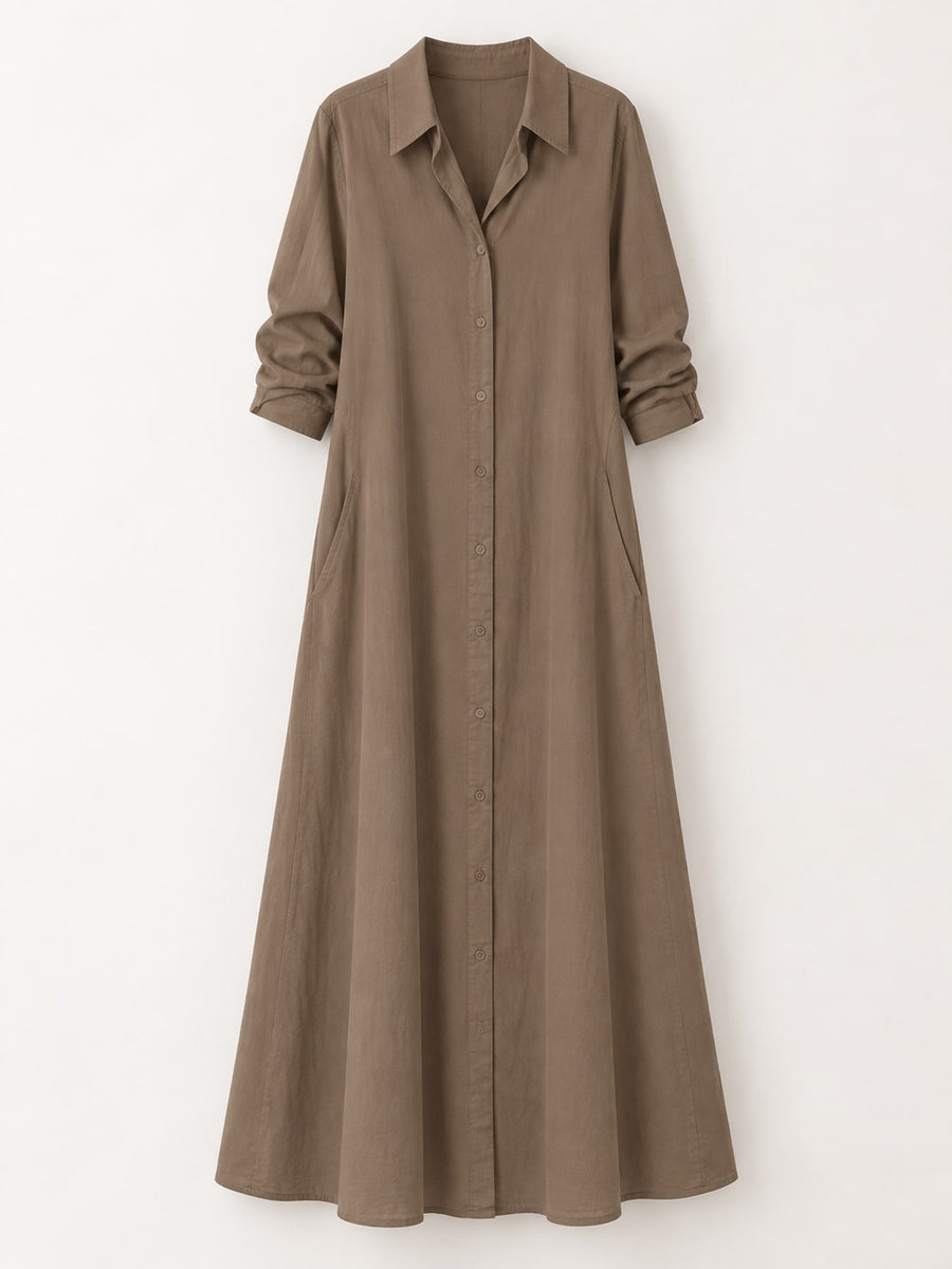 Button Front Long Sleeve Maxi Shirt Dress Plus Size in Royal Blue with pocketed