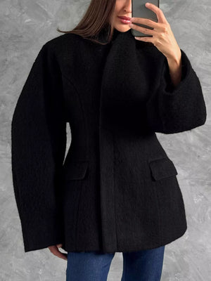 Wool-blend Leg-of-mutton Sleeves Coat in Black with pocketed