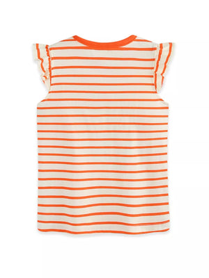 Baby girls' orange and cream striped cotton tee with ruffle sleeves and crew neck.