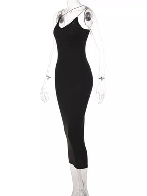 Black midi dress with spaghetti straps and V-neck, bodycon fit.