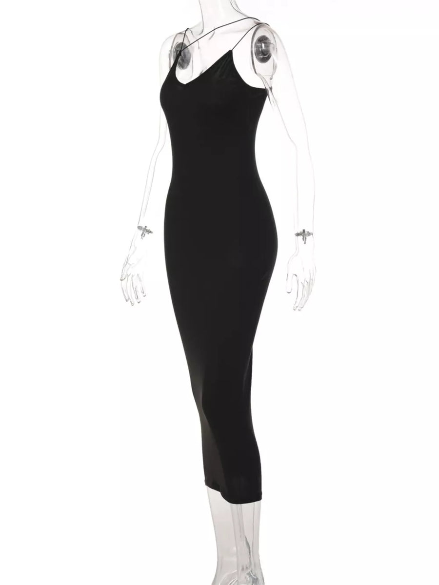 Black midi dress with spaghetti straps and V-neck, bodycon fit.