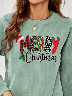 Sage corduroy sweatshirt with Merry Christmas graphic and Santa hat detail