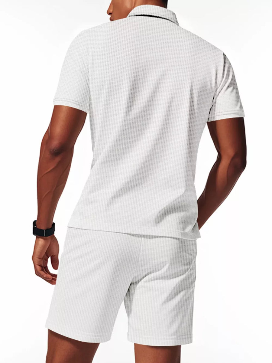 Men's white textured polo shirt and shorts ensemble, short sleeve, casual activewear set.