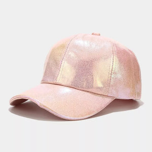 cap in rose gold featuring iridescent finish and fitted fit