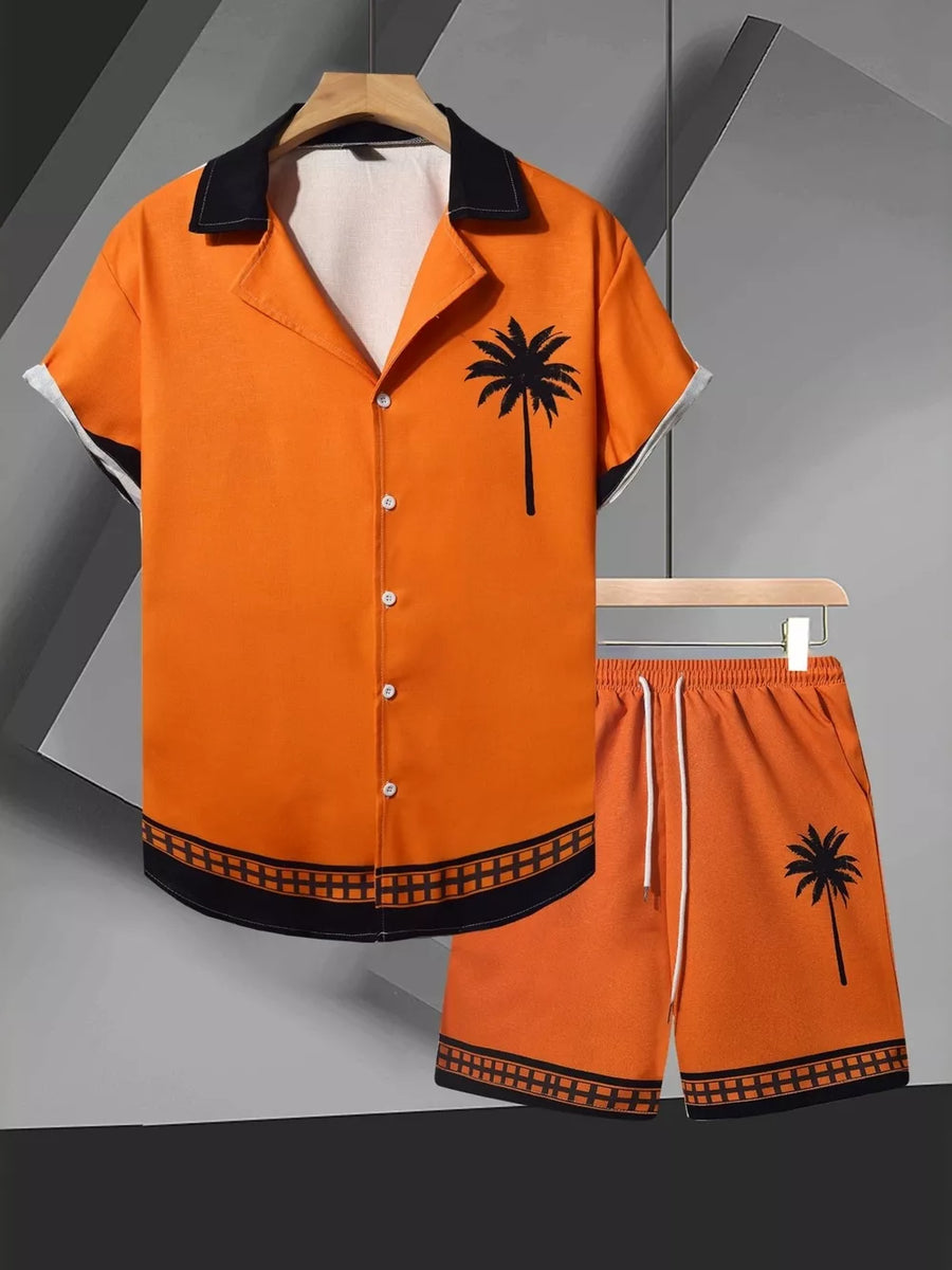 black hawaiian shirt featuring button-front and tropical print