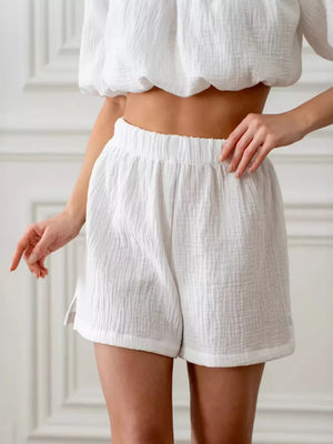 White cotton off-shoulder cropped top and textured shorts set