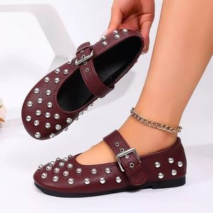 Studded Round Toe Slip-ons in burgundy with studded