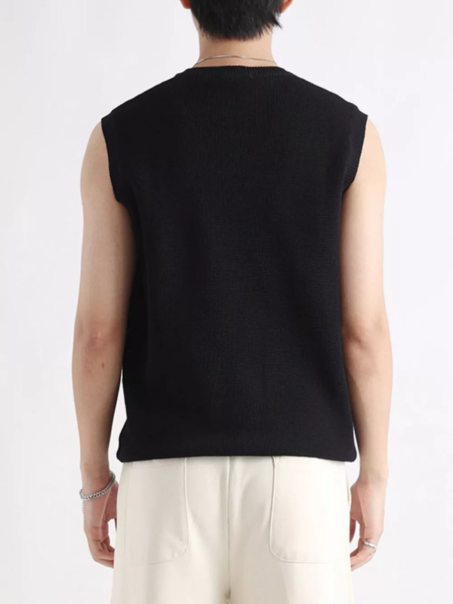 Black textured knit men's tank top with a crew neck and sleeveless design.