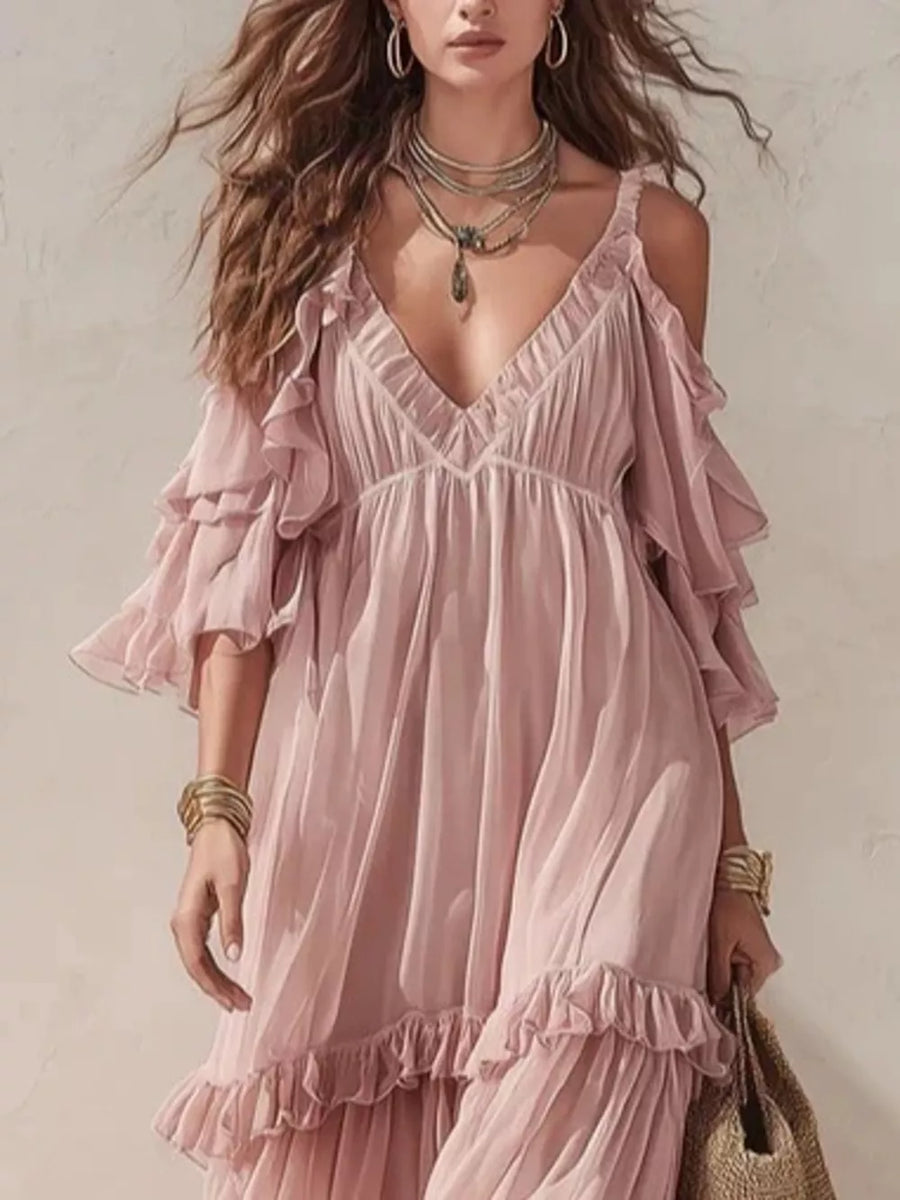 100% polyester Care instructions: Machine wash cold maxi dress in Dusty Pink with A-line silhouette