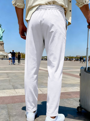 Denim Blue wide-leg pants with full-length and drawstring