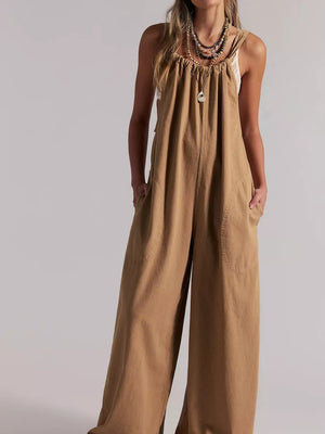 Sleeveless Wide-leg Jumpsuit in Orange with pocketed