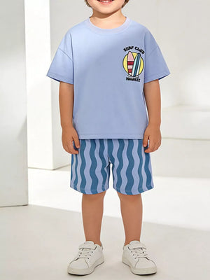 Toddler cotton two-piece set with blue graphic tee and striped shorts