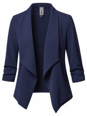 Full Size Open Front Drape Blazer 3/4 Sleeves in White with ruched