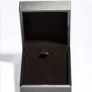Silver jewelry box with dark velvet interior and clasp.