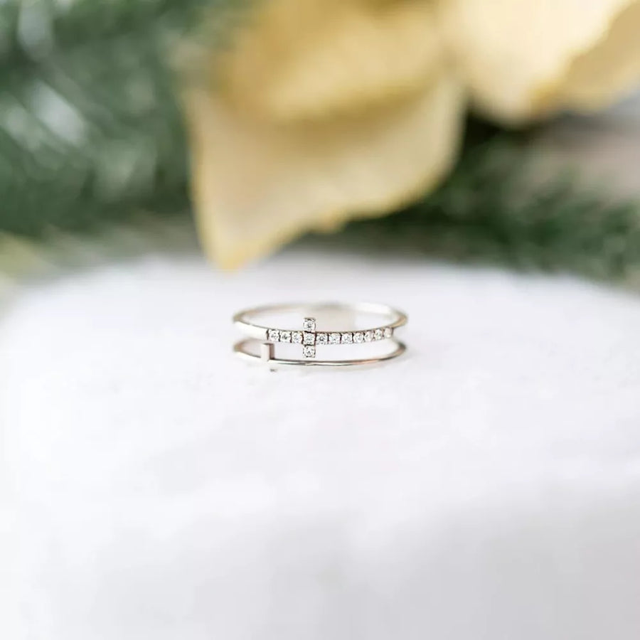 Double Band Cross Ring 18k Gold-plated Zircon in Rose Gold with double band