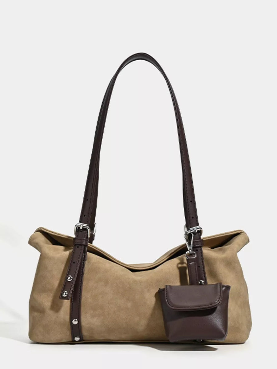 Brown suede medium shoulder bag with adjustable straps and a small attached pouch.