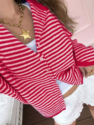 Pink Striped Knit Button Up Cardigan