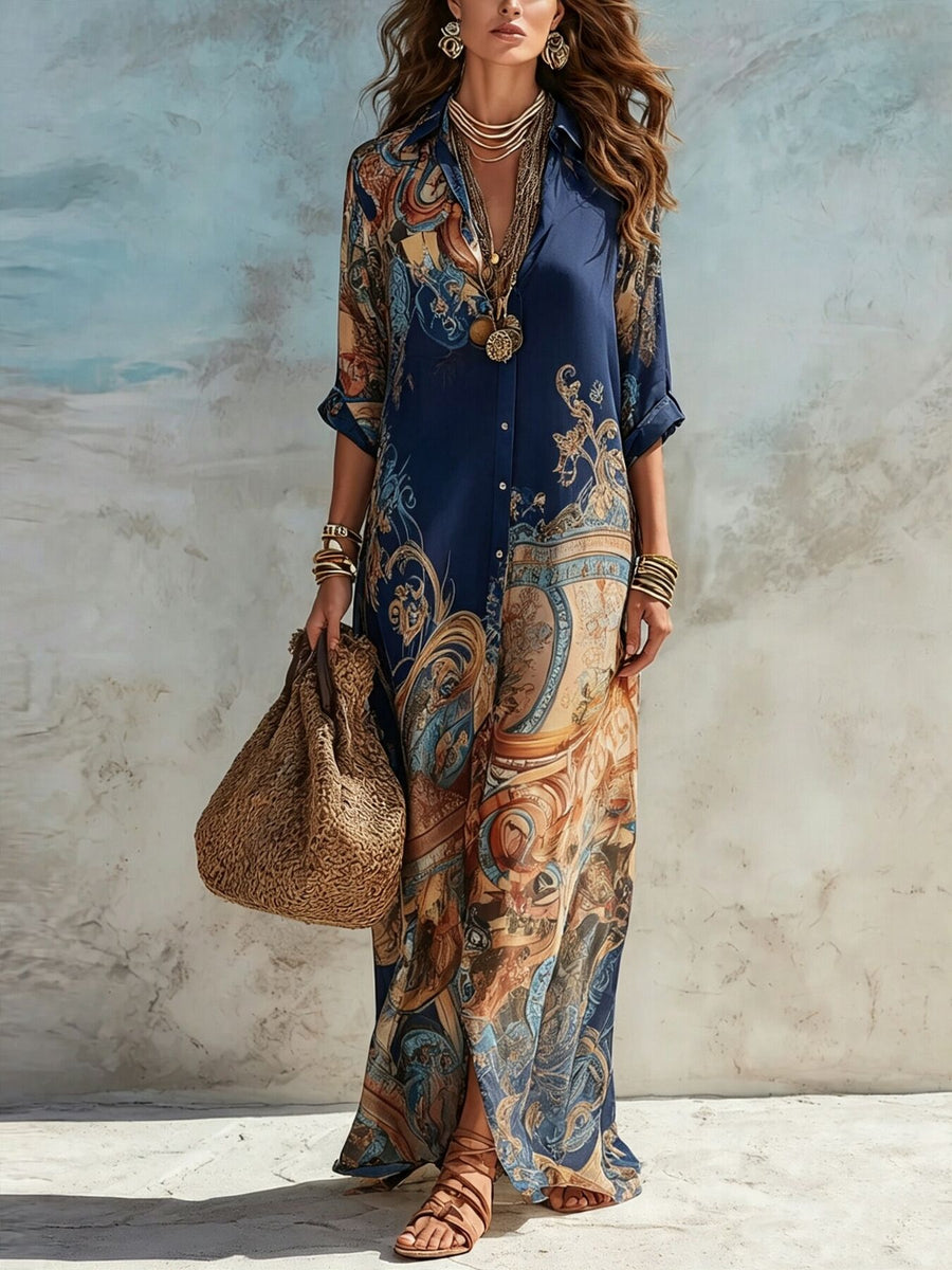 shirt dress featuring ornate print in Light Blue with 100% polyester Care instructions: Machine wash cold texture