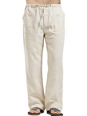 Relaxed fit linen drawstring trousers in Khaki with pockets and a tie waist.