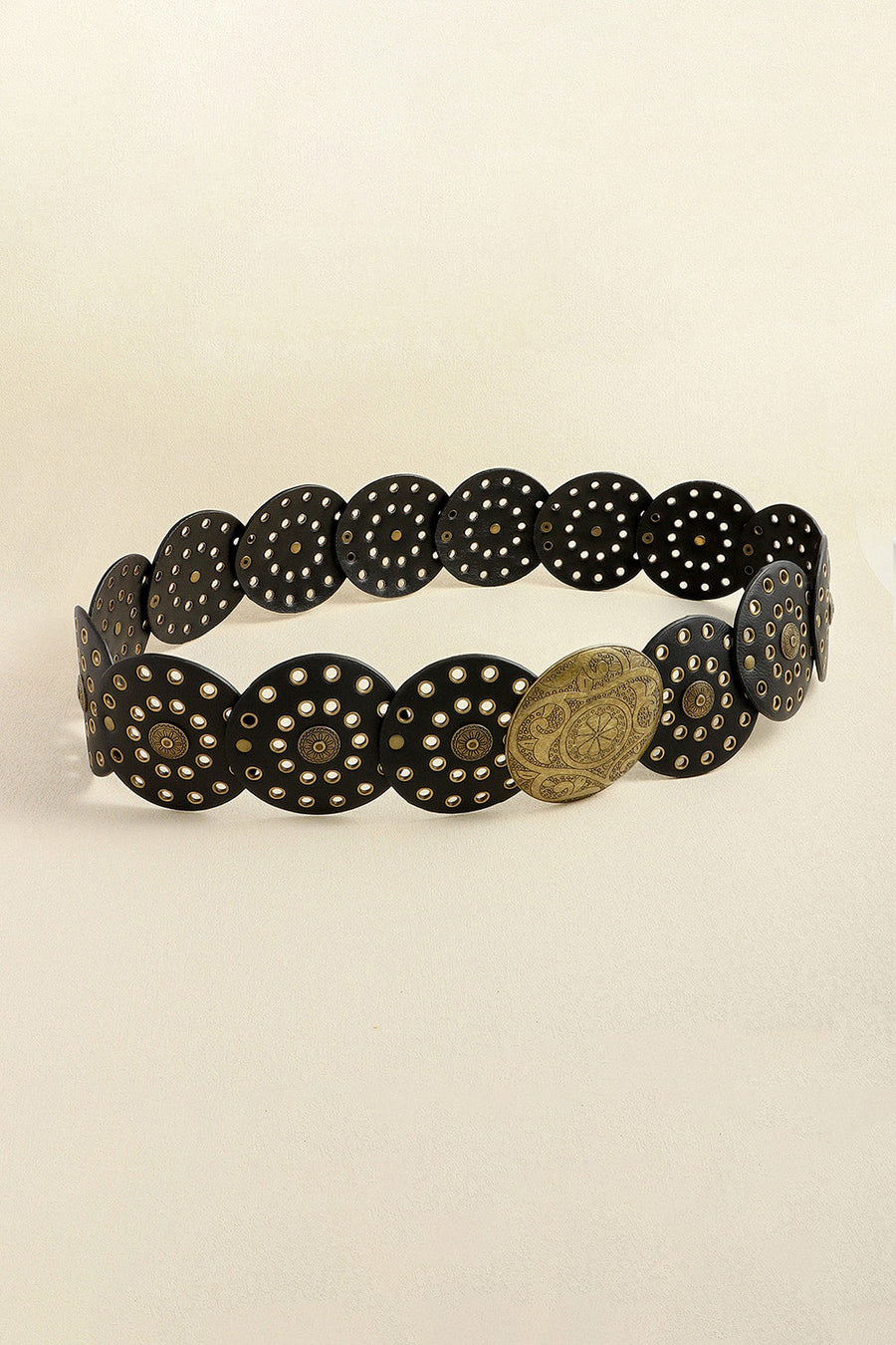 Black disc-embellished belt with gold oval buckle and gold stud details