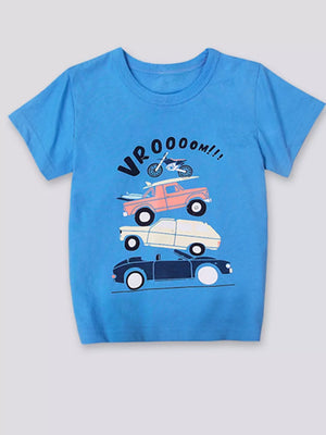 Blue t-shirt with graphic print of stacked cars and motorcycle with Vroom text
