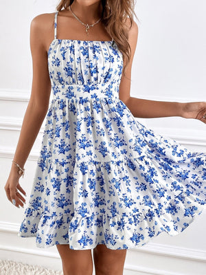 white mini dress with floral and square neck
