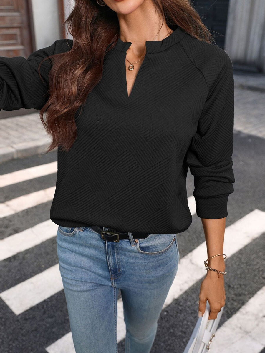 Textured Notched Long Sleeve Sweatshirt in Apricot with stretch