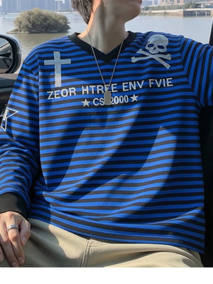 royal blue t-shirt with striped and v-neck