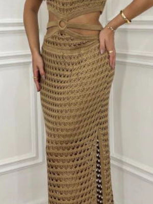 Taupe cutout crochet maxi set with ring detail and side slit.