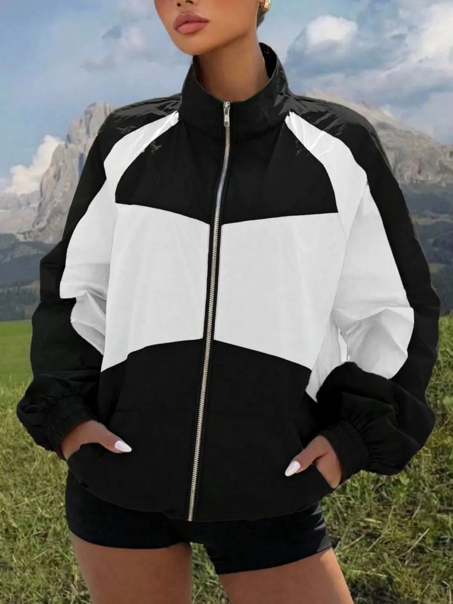 black windbreaker with color-block and collared
