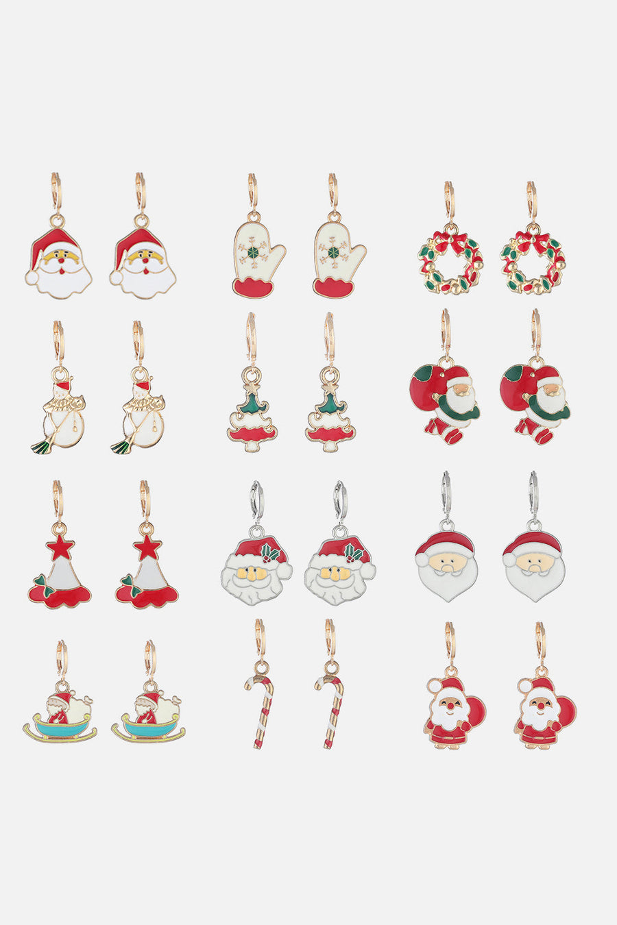 Festive Santa charm hoop earrings in various Christmas designs, made of alloy.
