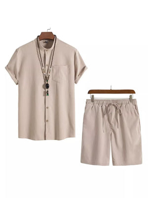 Men's beige two-piece set with short-sleeve mandarin collar shirt and drawstring shorts.