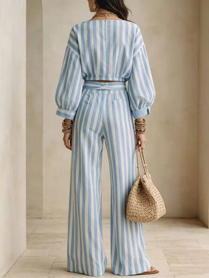 white lounge set featuring tied and striped