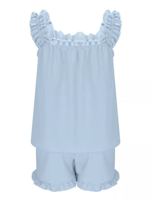 Light blue ruffled polyester pajama set with square neckline and ruffled shorts.
