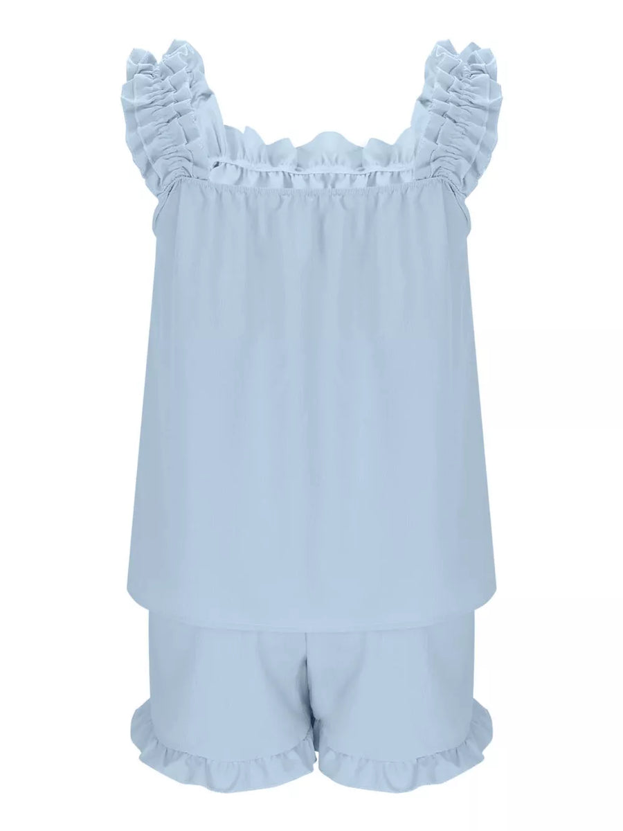 Light blue ruffled polyester pajama set with square neckline and ruffled shorts.