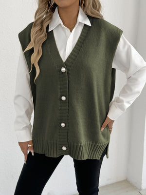 V-Neck Button-Front Knit Sweater Vest in Black with oversized