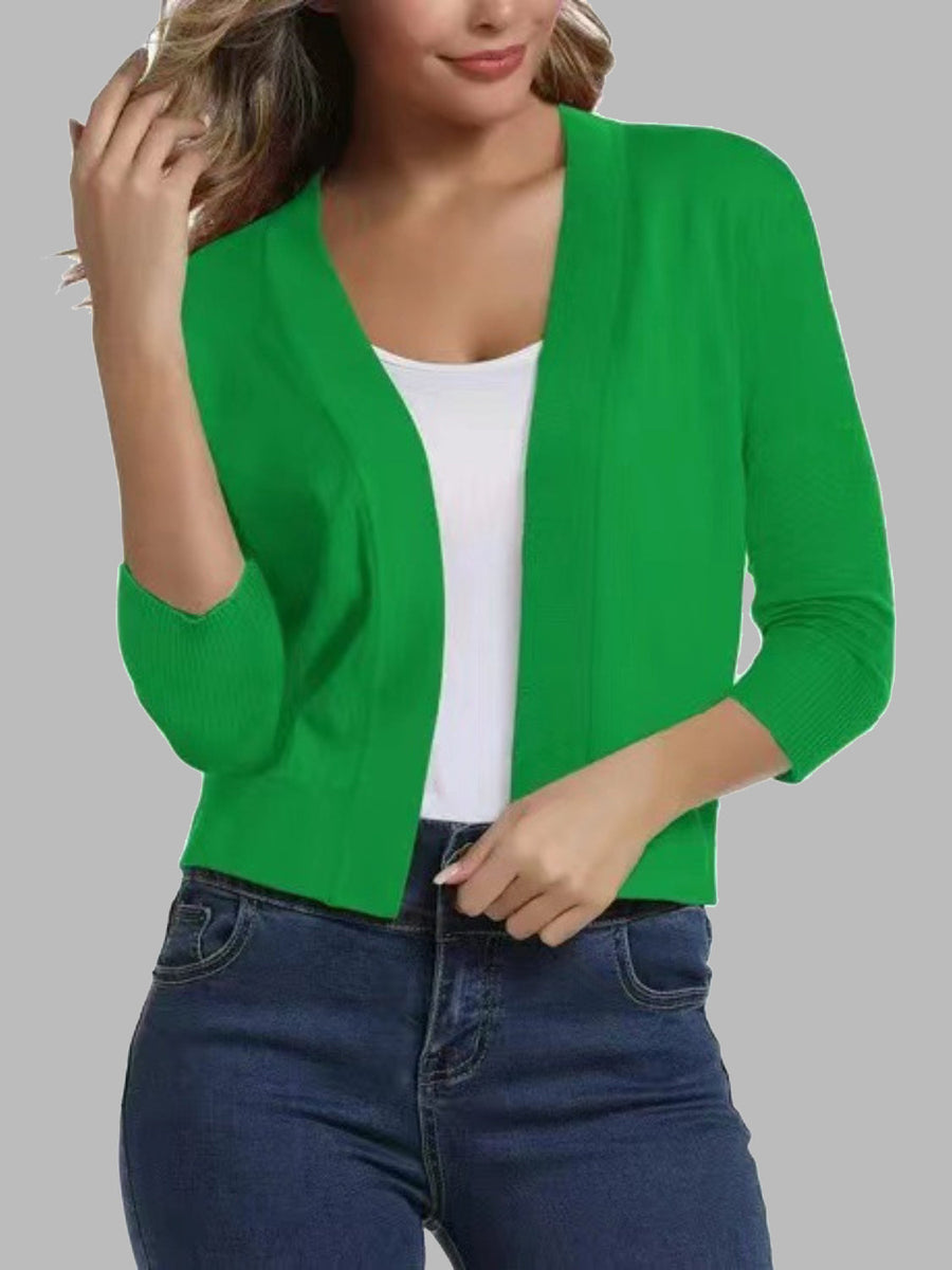 Green cropped elbow-sleeve open-front knit cardigan with a V-neckline.