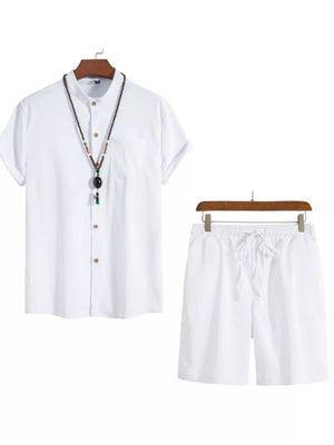 White button-down shirt with drawstring shorts, men's casual two-piece set
