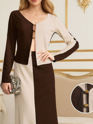 beige skirt set featuring two-piece and color-block