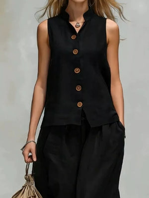 Brown relaxed two-piece set with mandarin collar