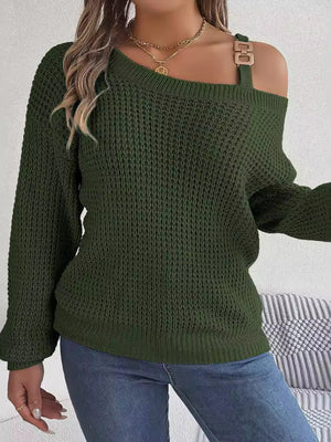 White relaxed pullover sweater with one-shoulder