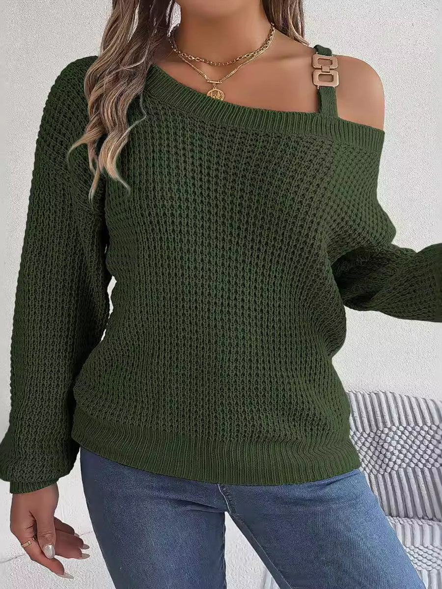 White relaxed pullover sweater with one-shoulder
